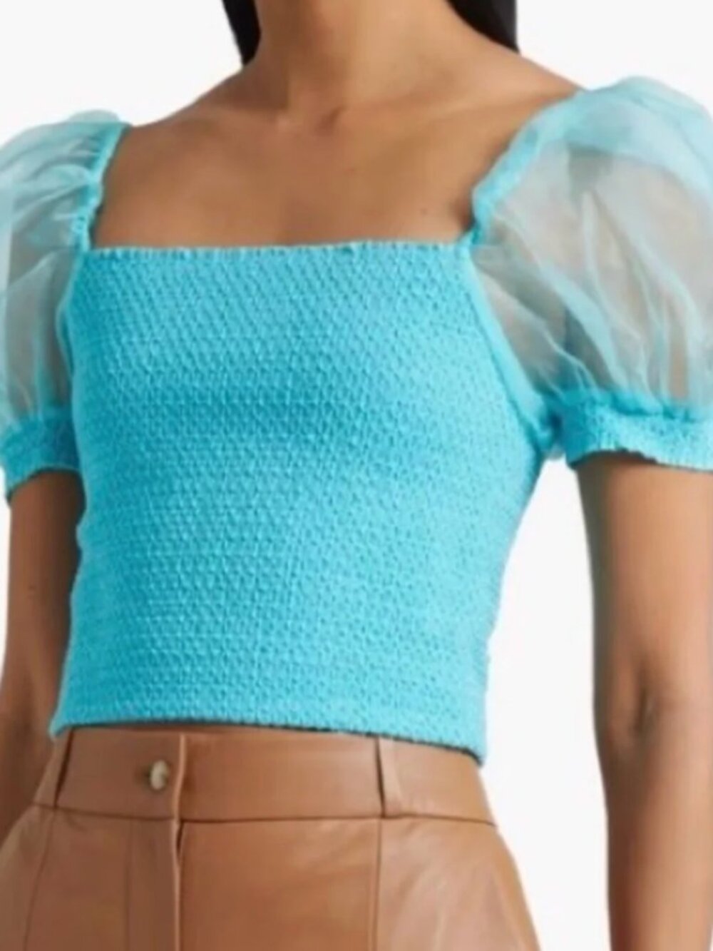 Alice + Olivia Eliana Blue Smocked Crepe Top XS Feminine Night Out Girly